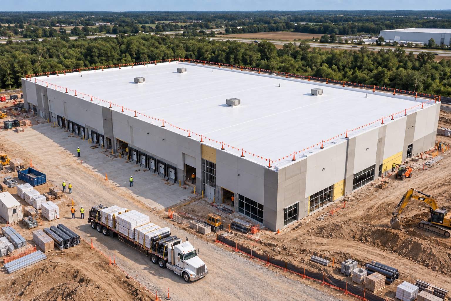 Illustrative aerial view of a commercial warehouse under construction, showing a white membrane roof and an active construction site.